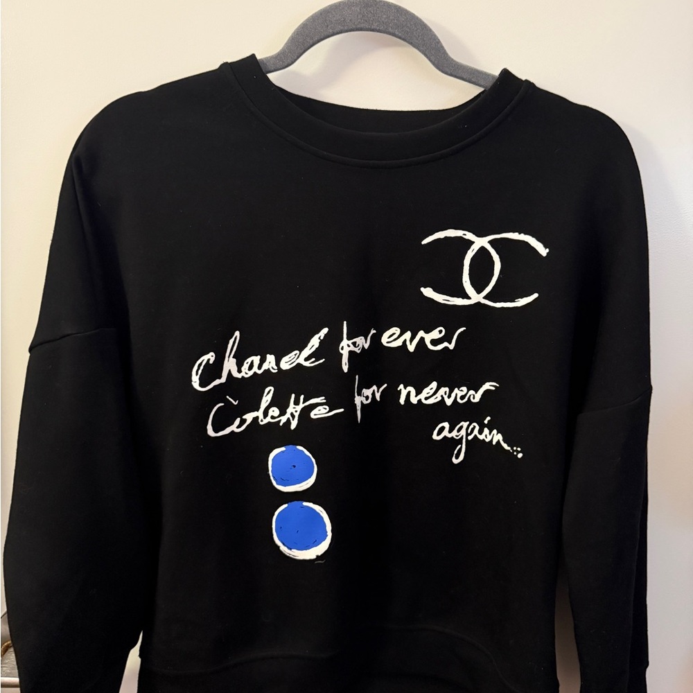 CHANEL Black Crewneck Sweatshirt with White Script and Blue Accents